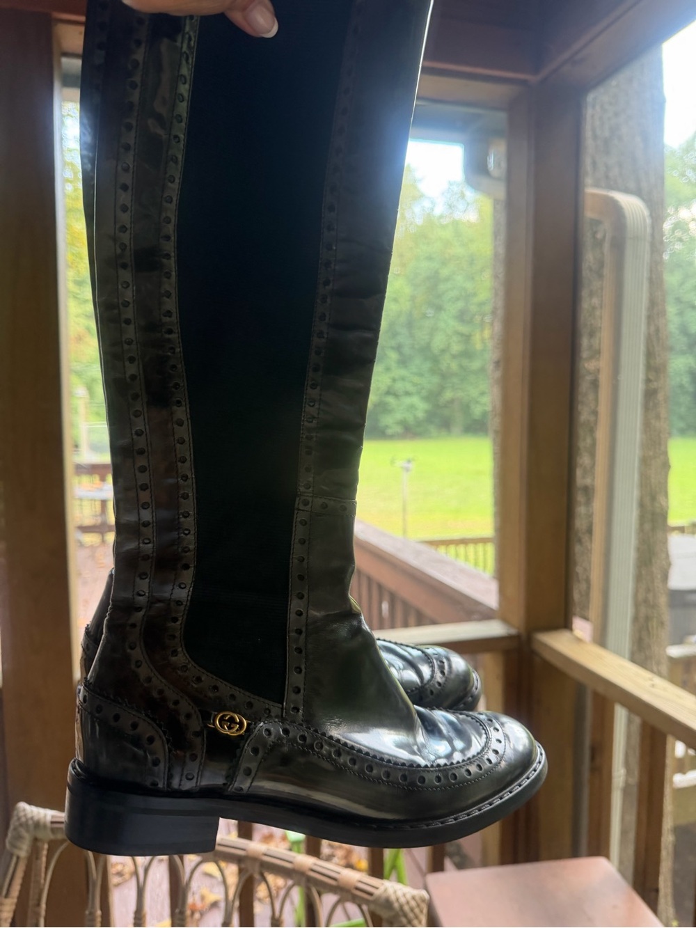 Gucci Black Over-the-Knee Riding Boot with Brogue Trim